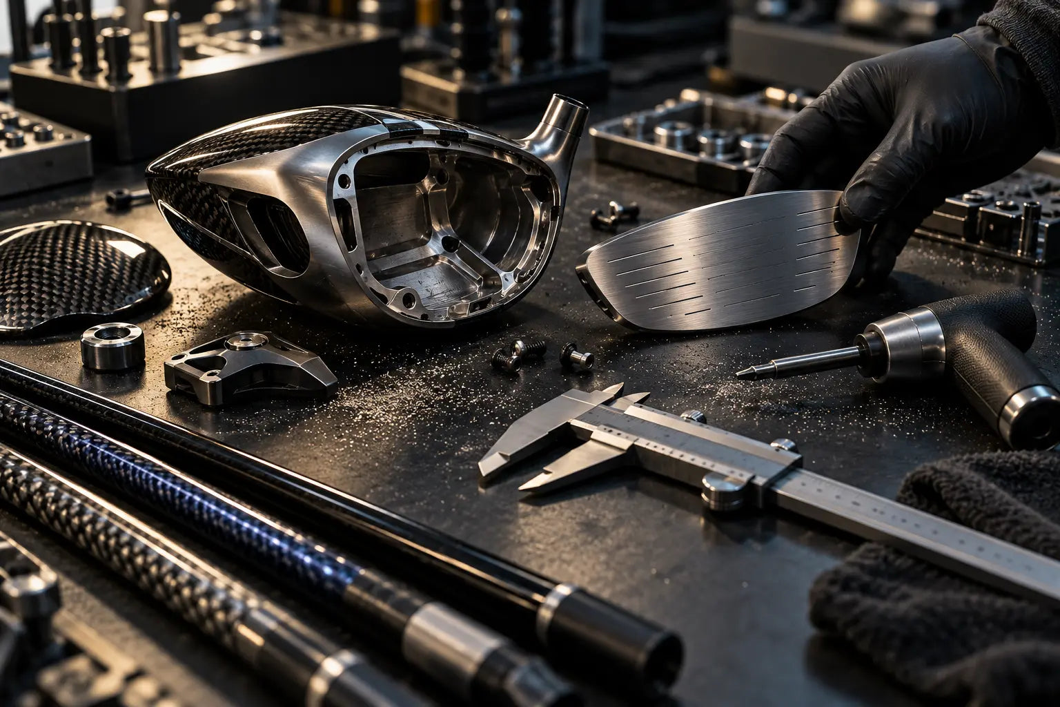 Experimental titanium driver components on an engineering bench