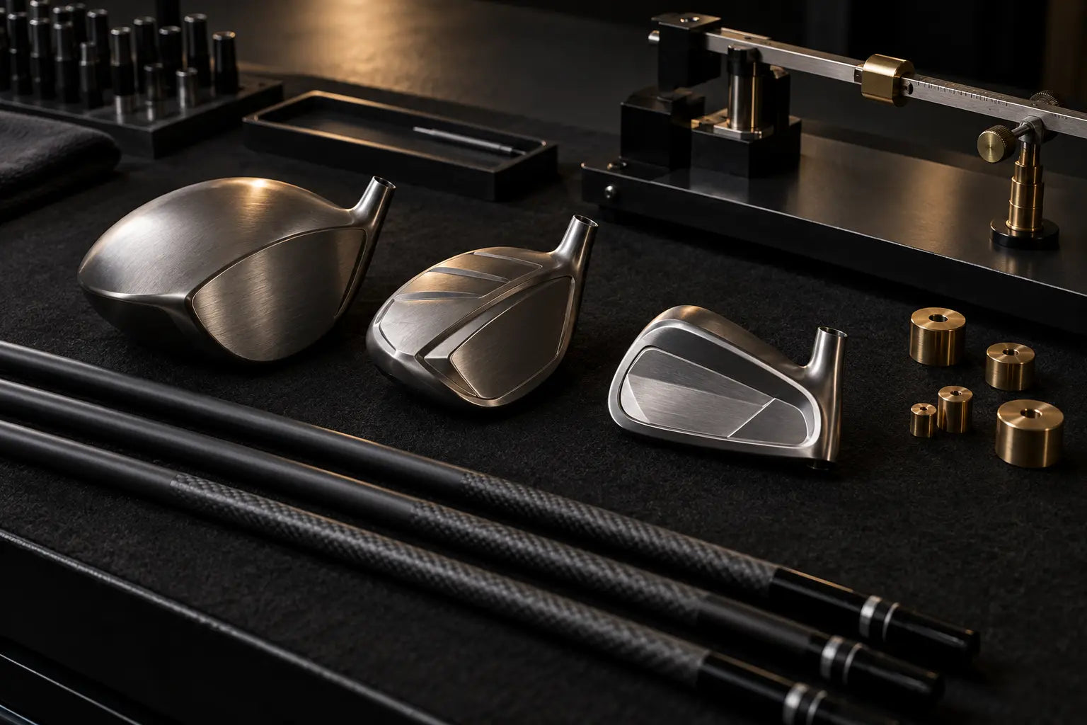 Club heads and carbon shafts on a fitting bench