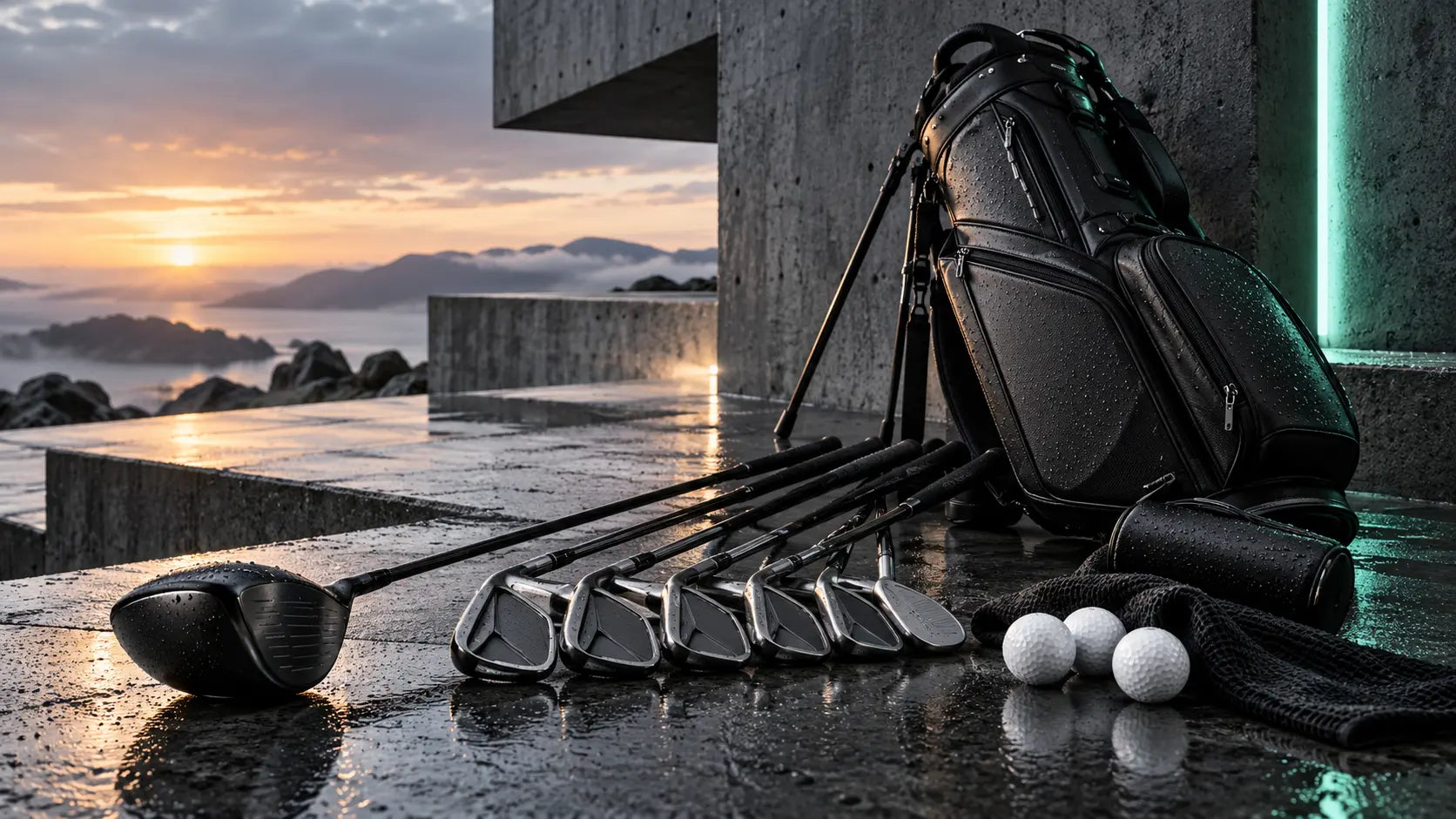 Modern golf equipment arranged on rain-darkened concrete