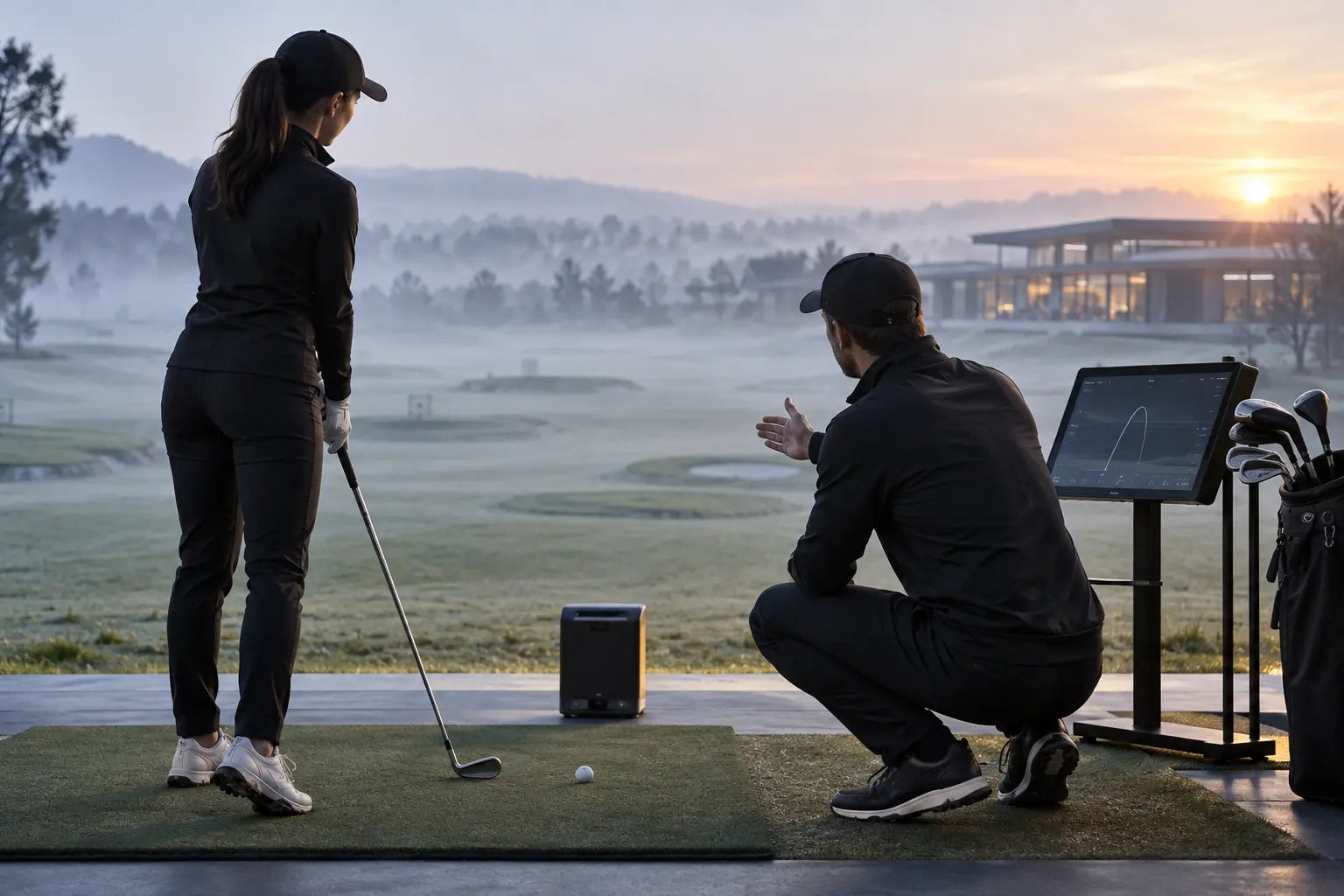 Golfer consulting with a club fitter at a misty practice range