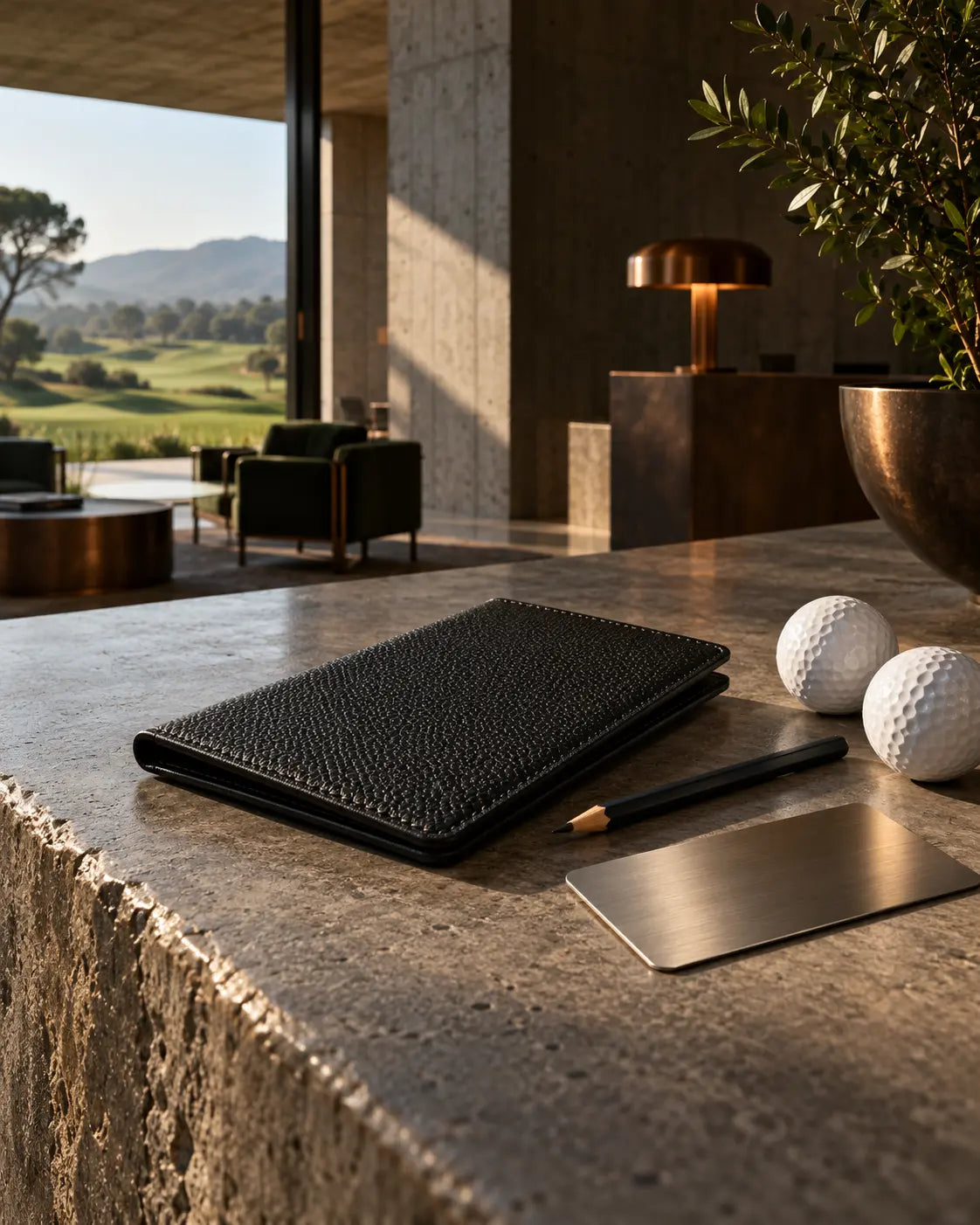 Golf scorecard holder and equipment at a modern clubhouse reception
