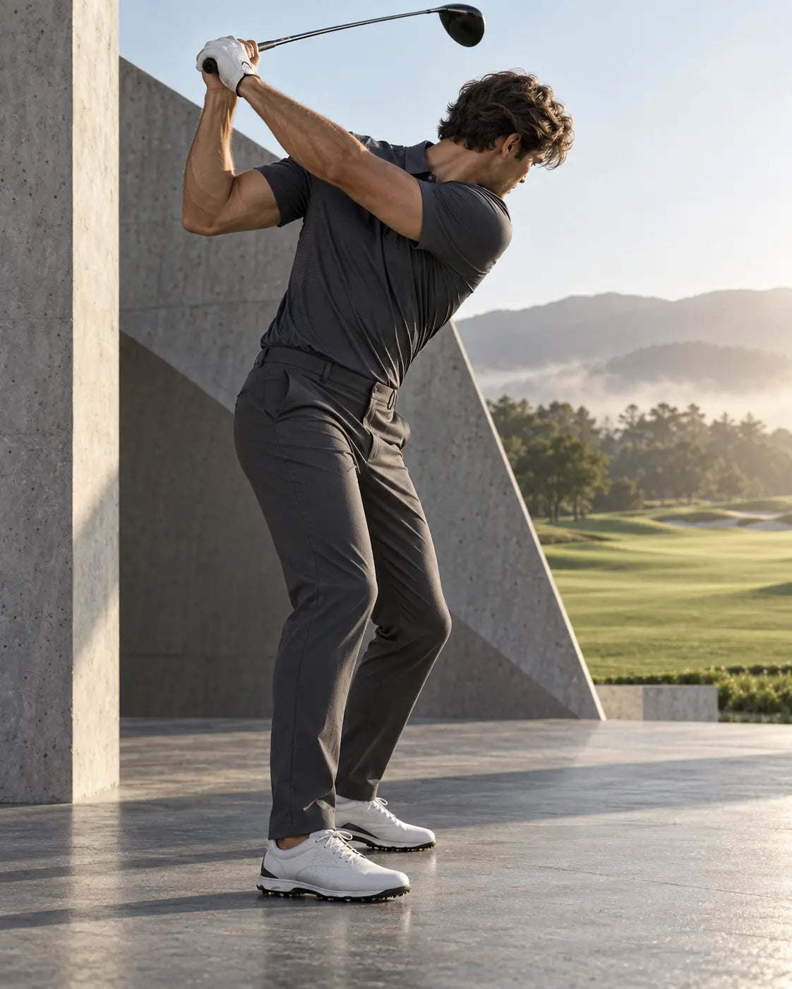 Golfer in tailored technical apparel at the top of a swing