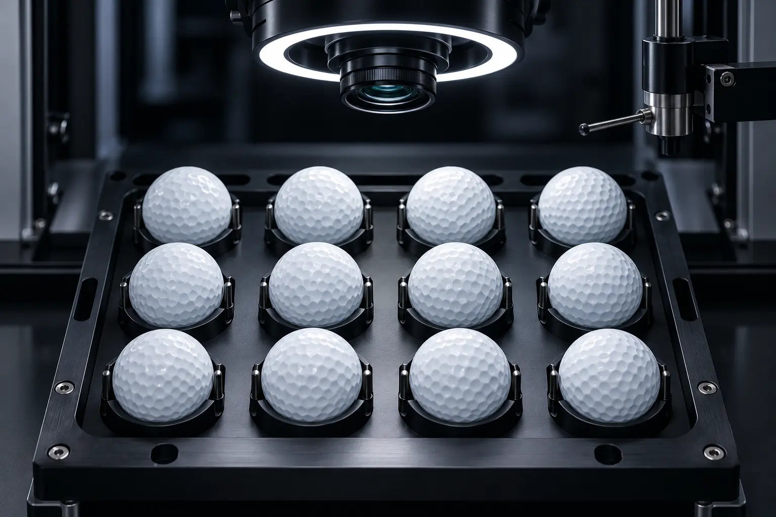Core 05 golf balls held in a laboratory inspection tray