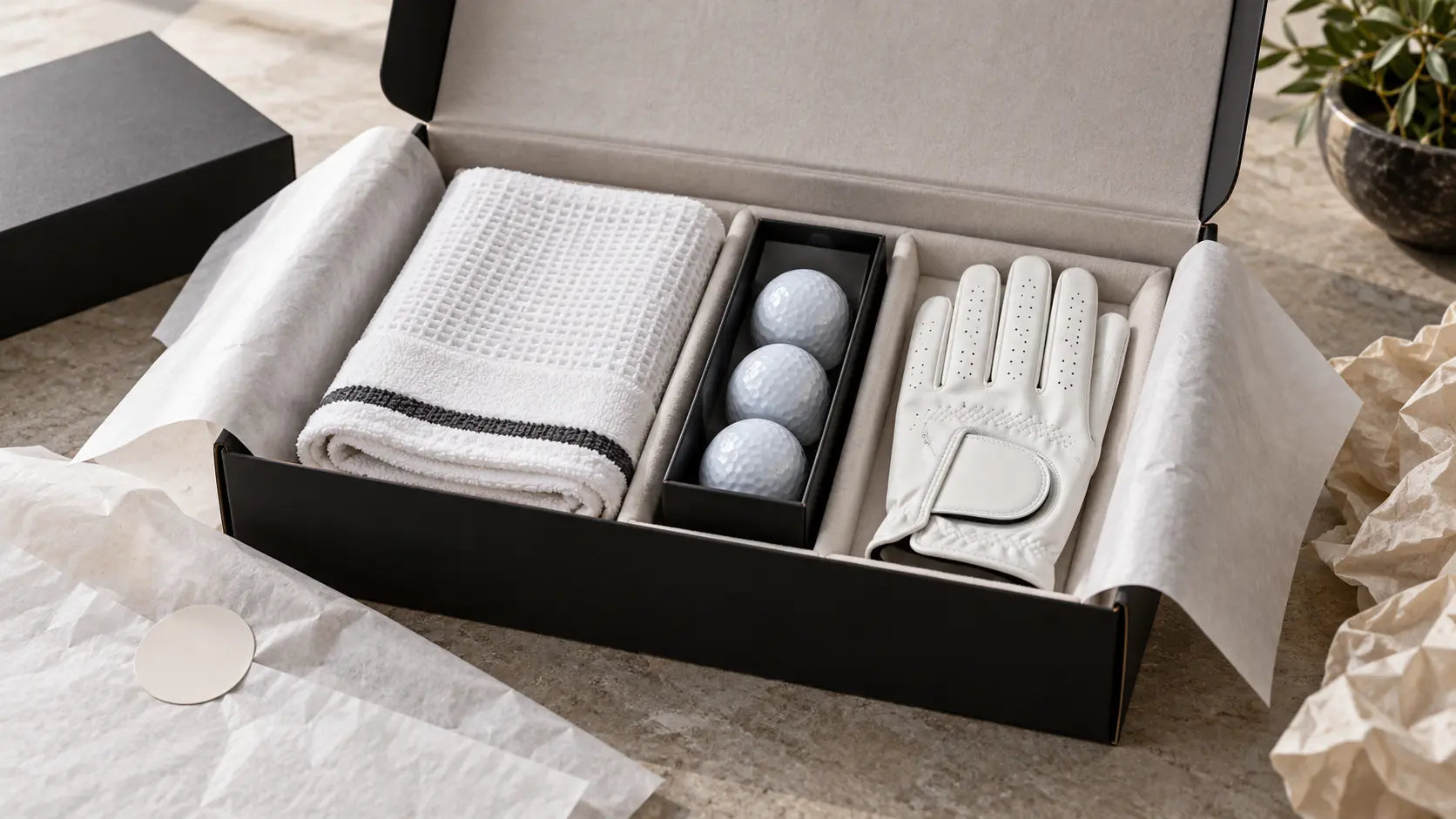 Pristine golf accessories inside an open return case