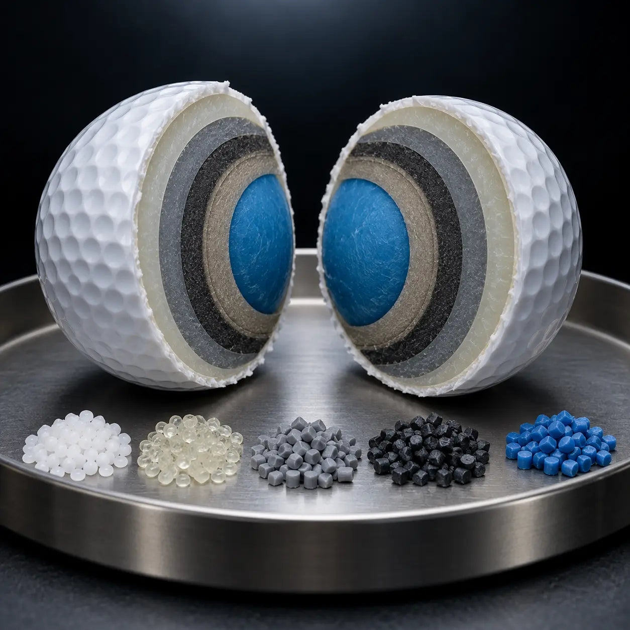 Five-layer golf ball cut into two halves