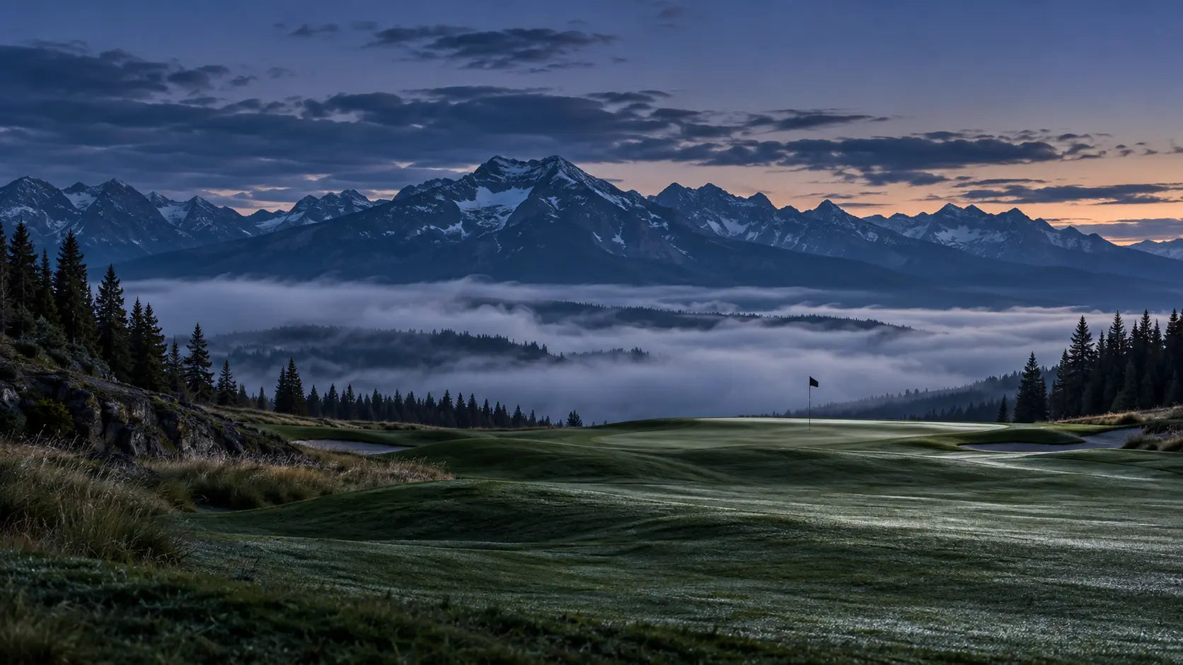Montana mountain fairway at blue hour