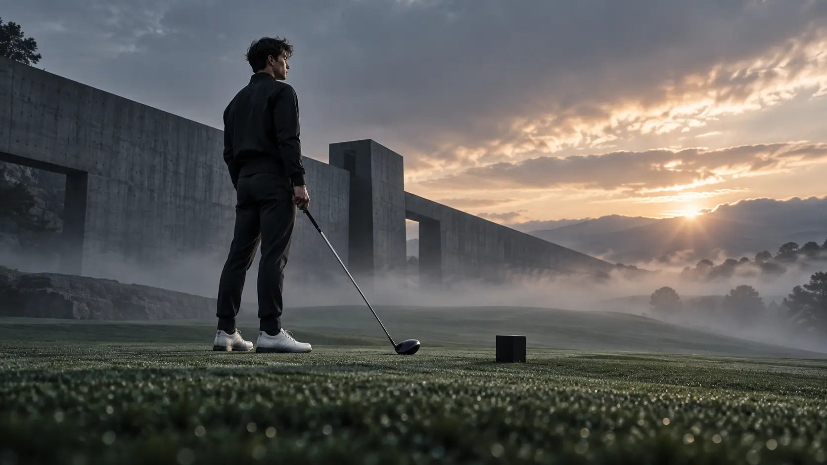 Young golfer at a brutalist tee before sunrise
