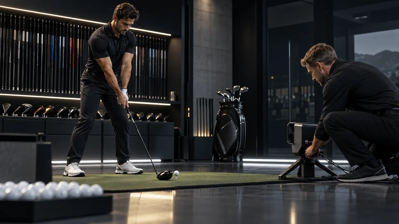 Modern golfer and fitter inside a custom club studio