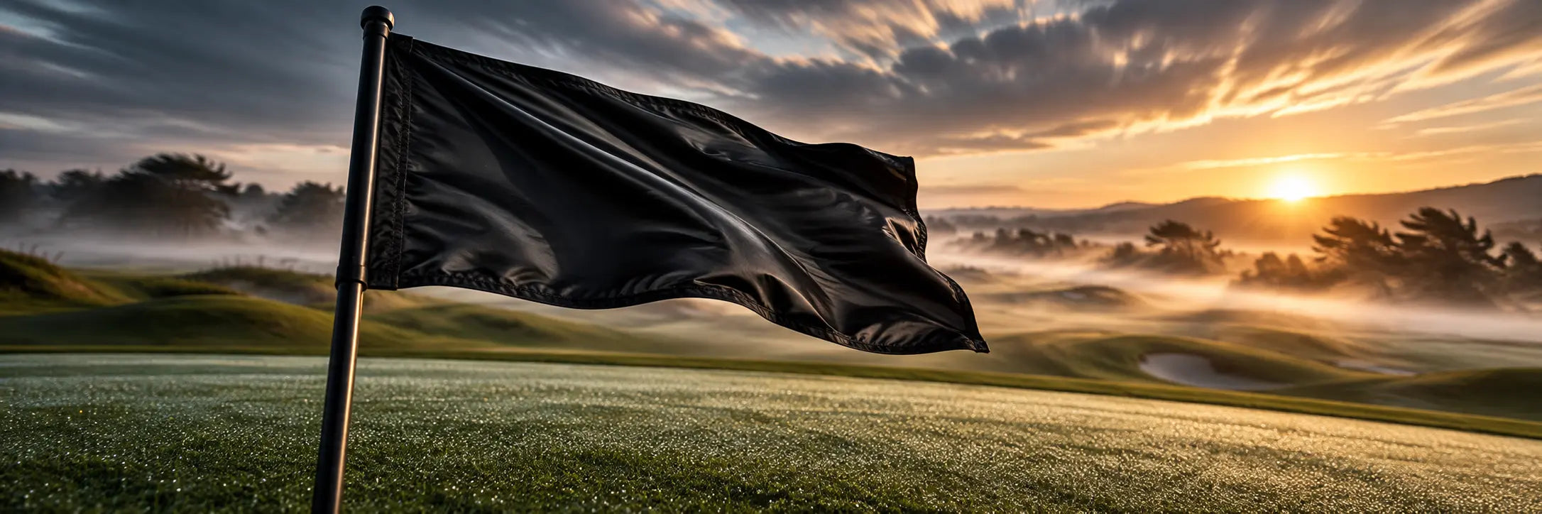 Black flag moving over a dawn golf green