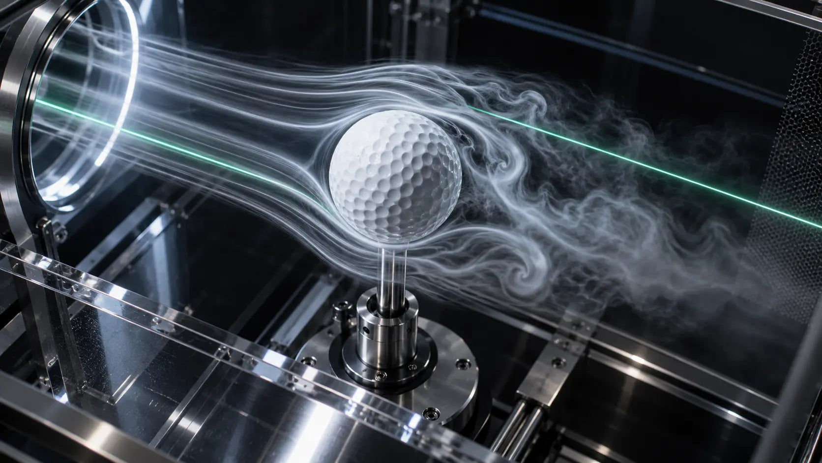 Golf ball held in a wind tunnel with visible airflow