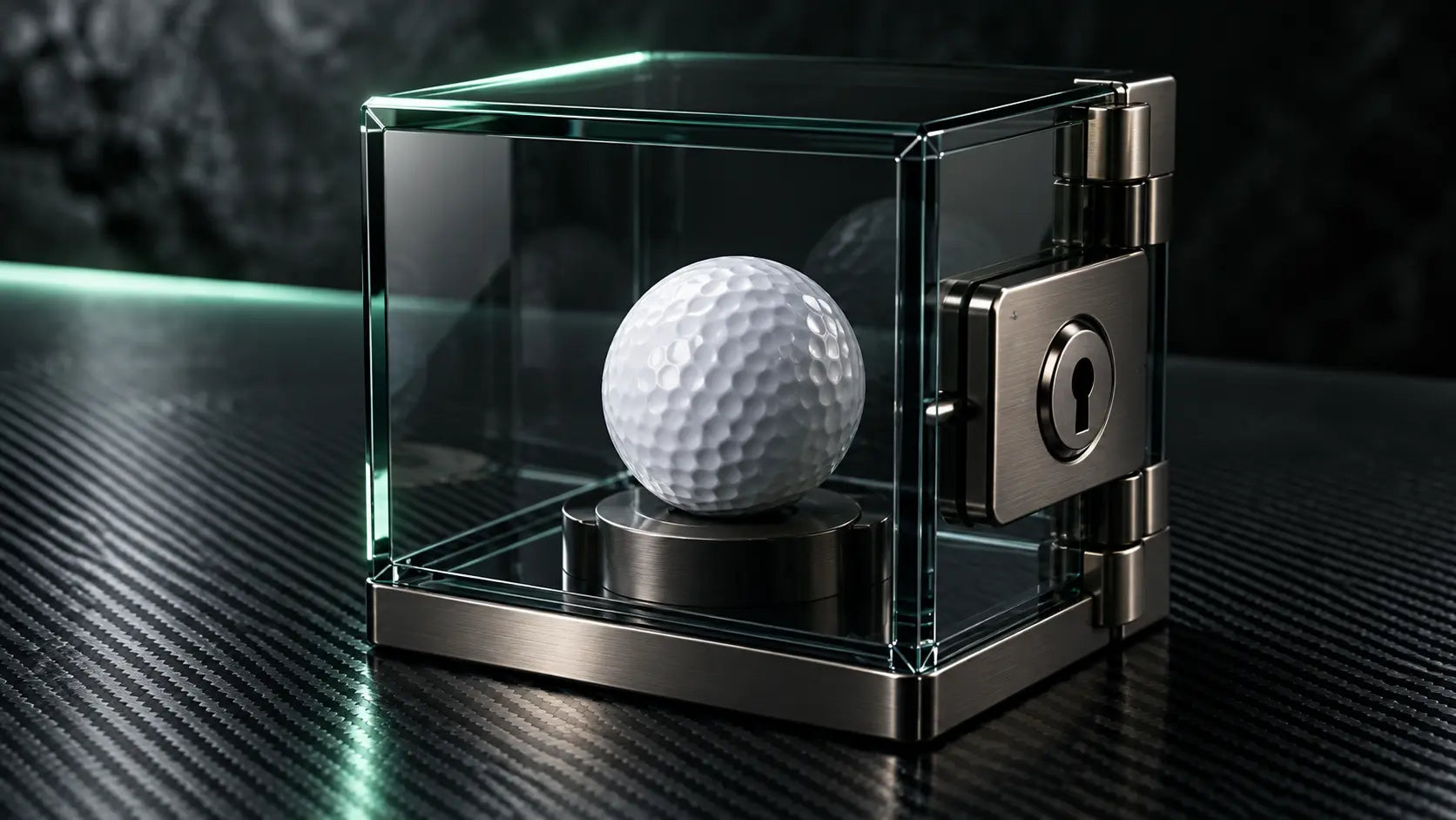 Golf ball secured inside a smoked-glass case