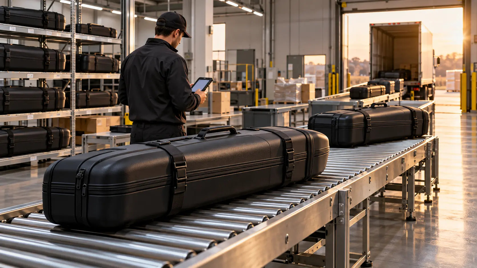 Golf shipping cases moving through a modern fulfillment space