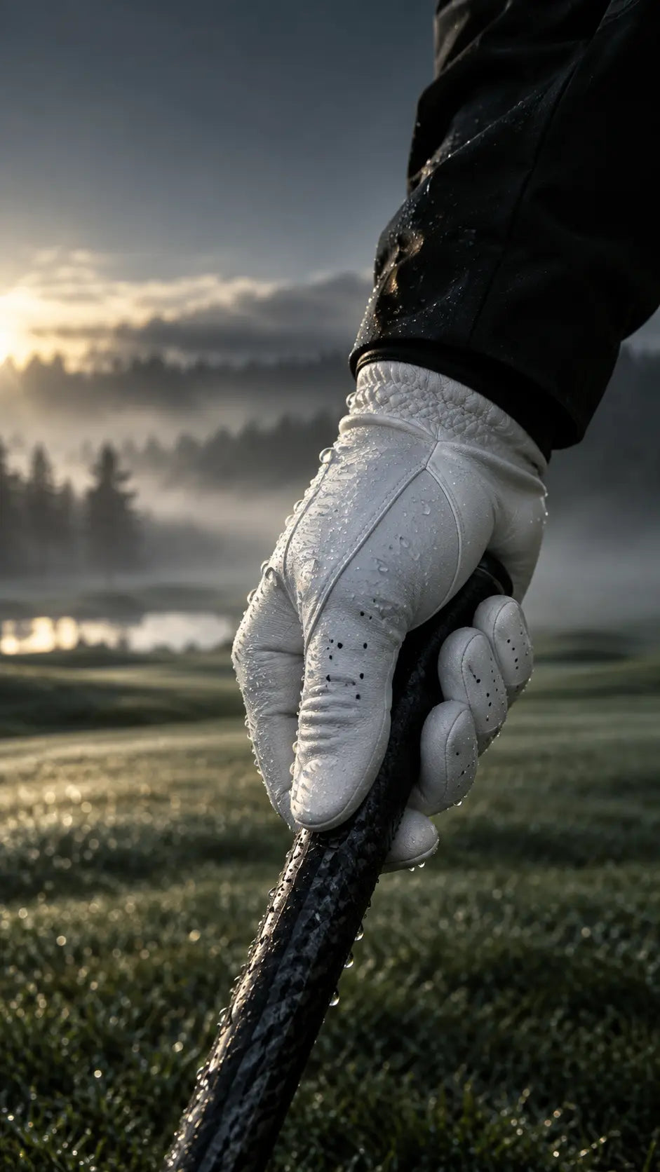 White technical leather golf glove gripping a wet carbon shaft