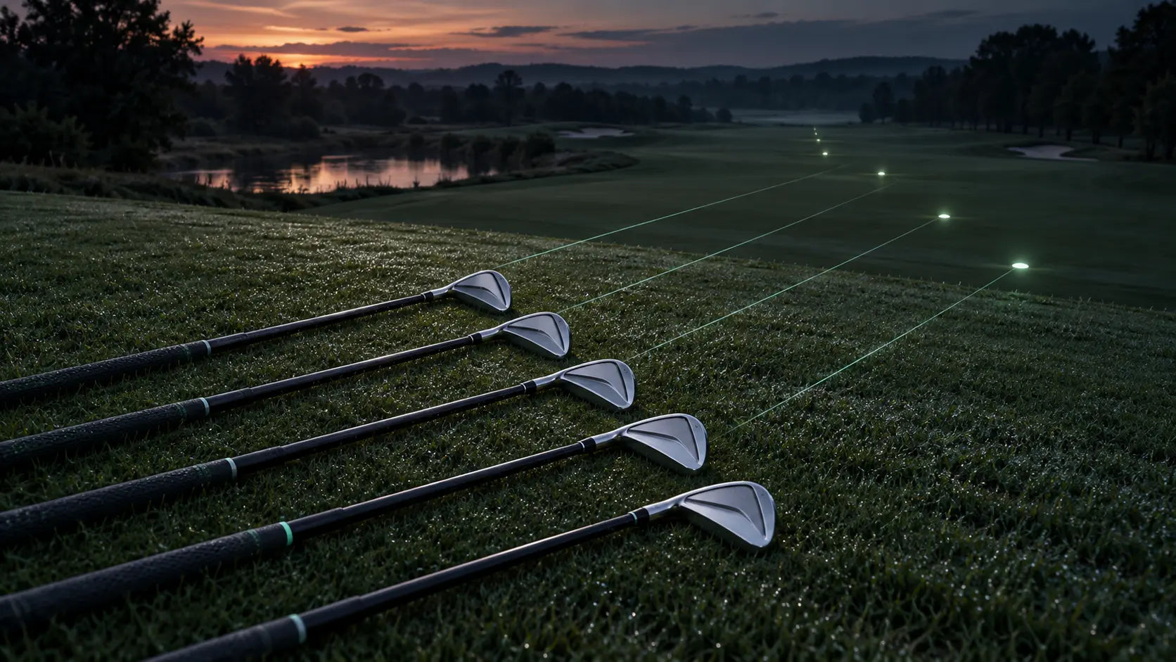 Five irons aligned with separate fairway landing markers