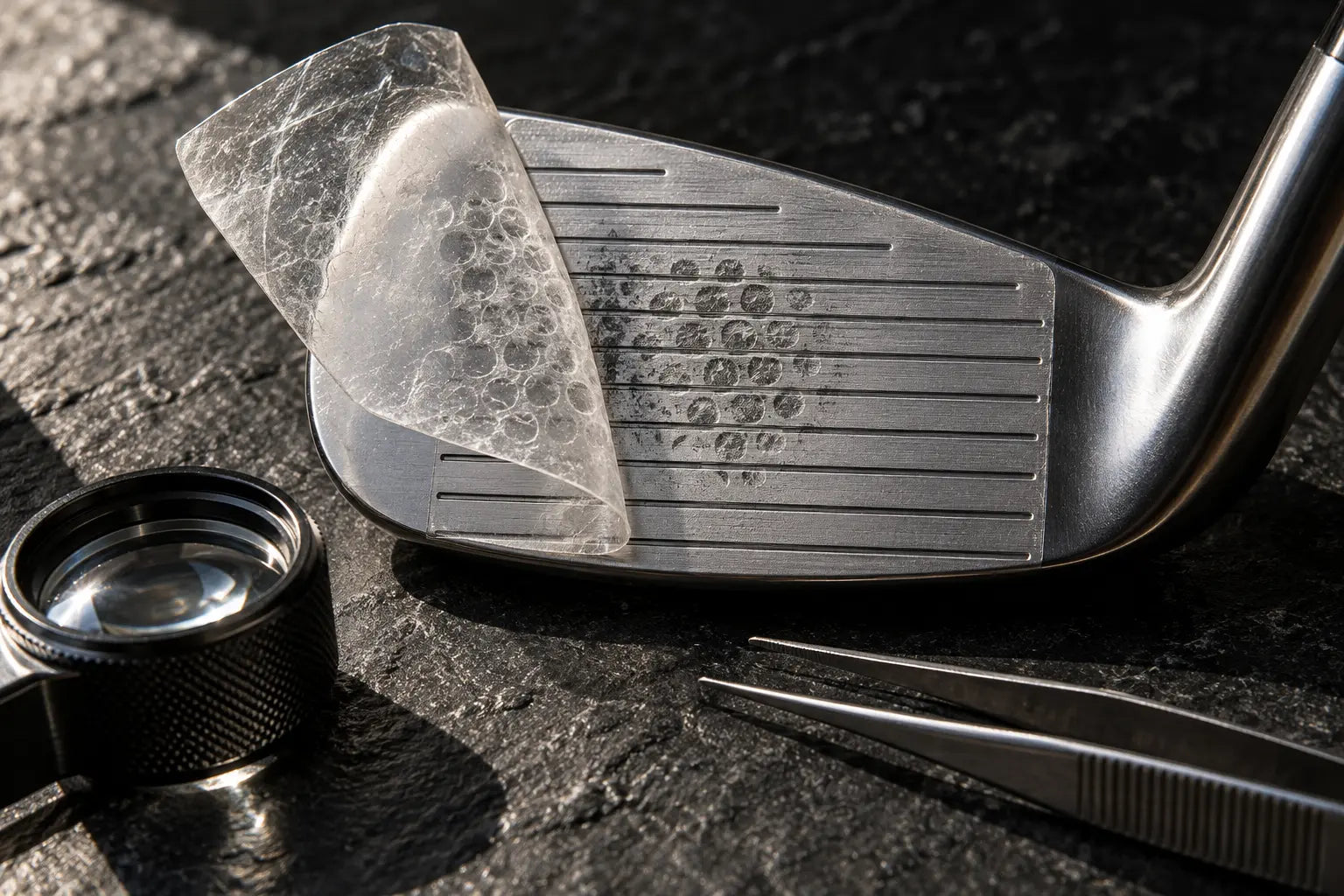 Used impact tape peeling from a forged iron face