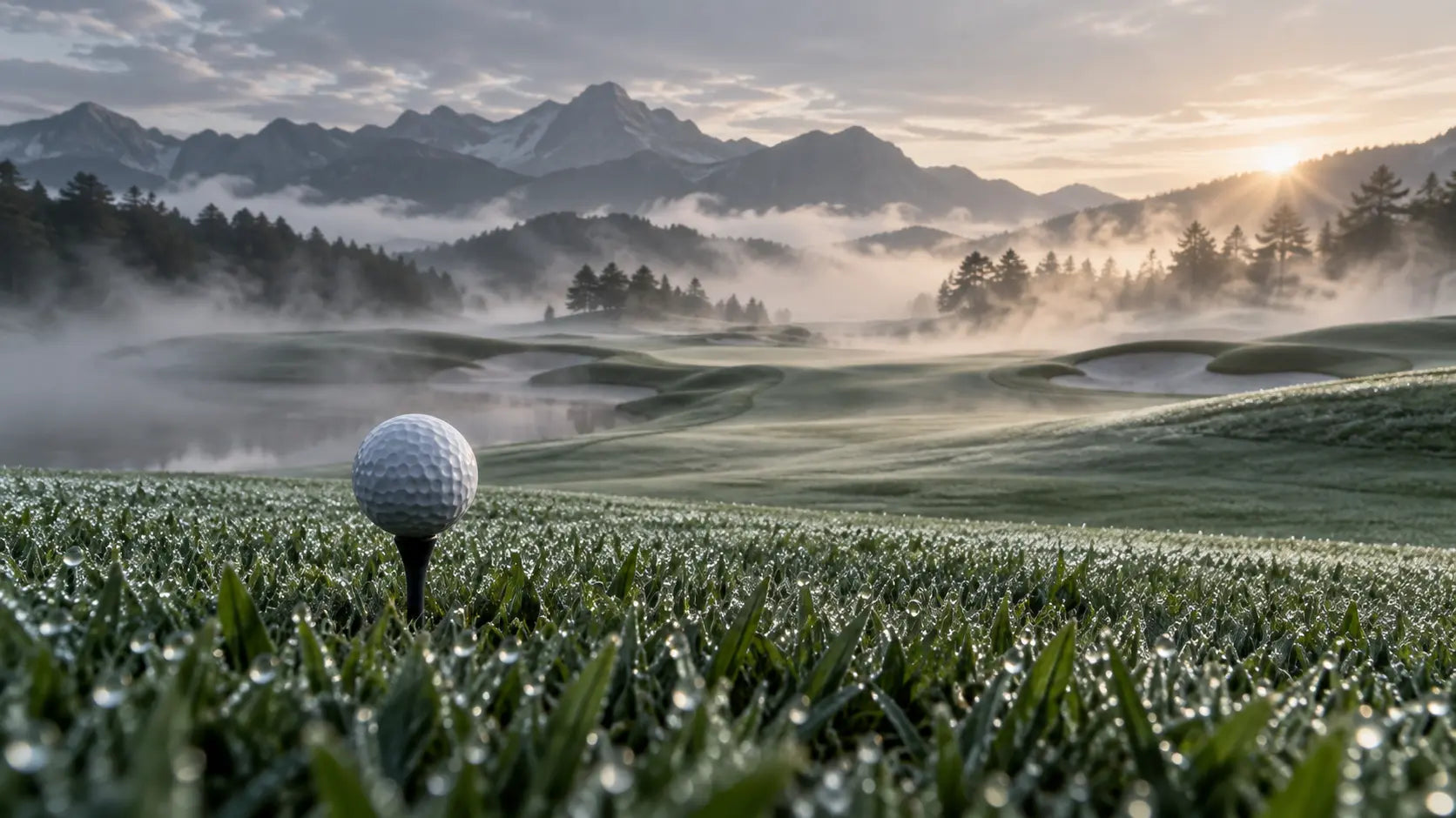 Golf ball on a dew-covered tee above a misty fairway